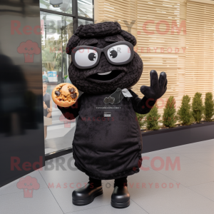 Black Croissant mascot costume character dressed with a Dress and Eyeglasses