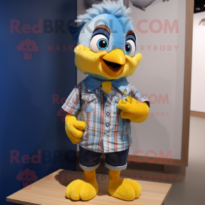 Yellow Blue Jay mascot costume character dressed with a Button-Up Shirt and Hair clips