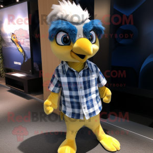 Yellow Blue Jay mascot costume character dressed with a Button-Up Shirt and Hair clips