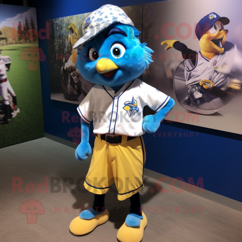 Yellow Blue Jay mascot costume character dressed with a Button-Up Shirt and Hair clips