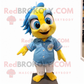 Yellow Blue Jay mascot costume character dressed with a Button-Up Shirt and Hair clips