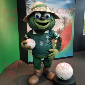 Forest Green Rugby Ball mascot costume character dressed with a Bermuda Shorts and Wraps