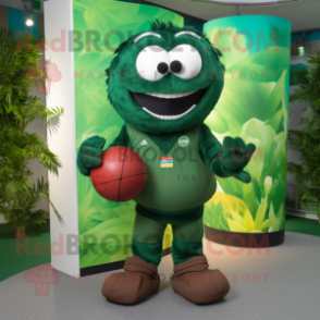 Forest Green Rugby Ball mascot costume character dressed with a Bermuda Shorts and Wraps