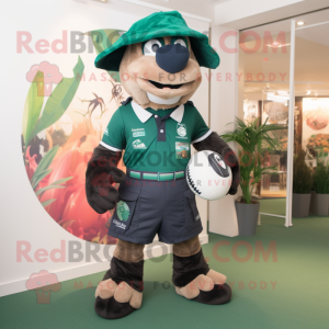 Forest Green Rugby Ball mascot costume character dressed with a Bermuda Shorts and Wraps