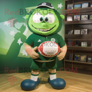 Forest Green Rugby Ball mascot costume character dressed with a Bermuda Shorts and Wraps