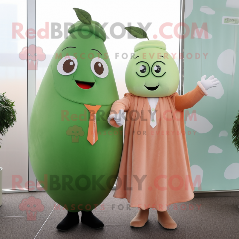 Peach Green Bean mascot costume character dressed with a Shift Dress and Cufflinks