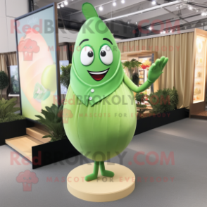 Peach Green Bean mascot costume character dressed with a Shift Dress and Cufflinks