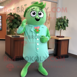 Peach Green Bean mascot costume character dressed with a Shift Dress and Cufflinks