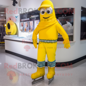 Lemon Yellow Pair Of Ice Skates mascot costume character dressed with a Capri Pants and Belts
