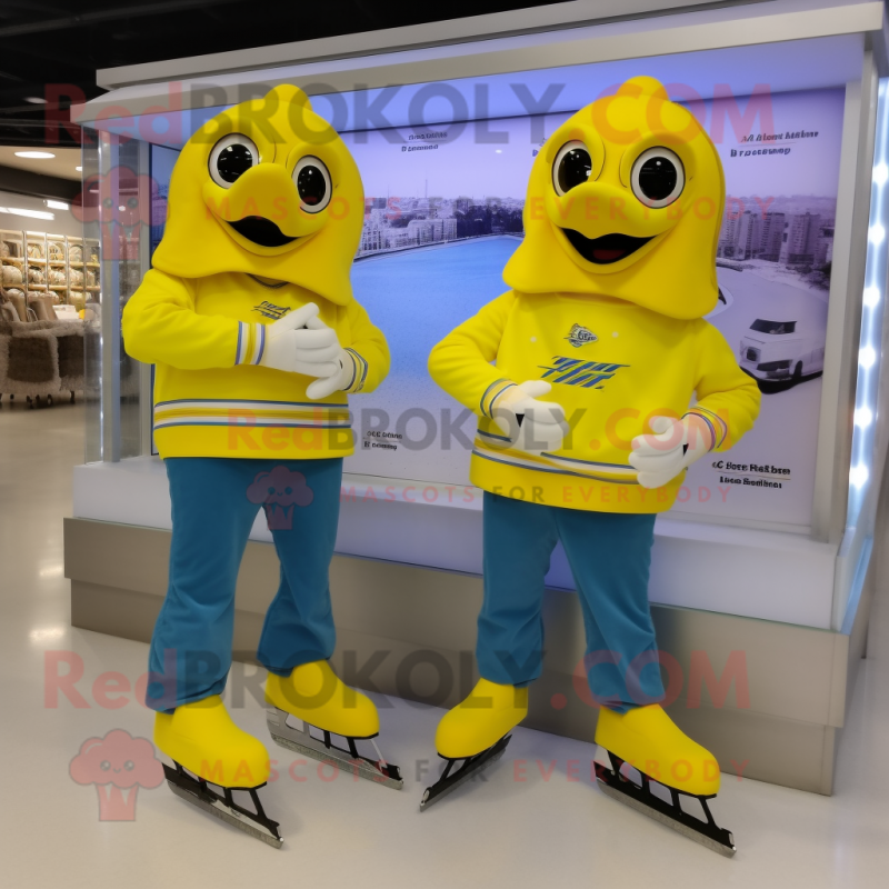 Lemon Yellow Pair Of Ice Skates mascot costume character dressed with a Capri Pants and Belts
