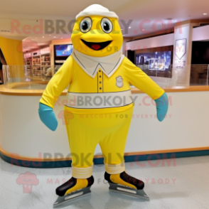 Lemon Yellow Pair Of Ice Skates mascot costume character dressed with a Capri Pants and Belts