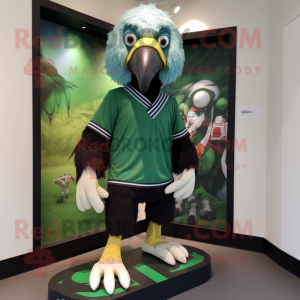 Forest Green Vulture mascot costume character dressed with a Board Shorts and Shoe laces