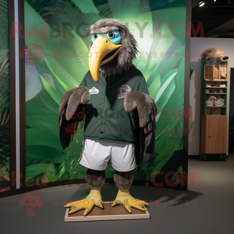 Forest Green Vulture mascot costume character dressed with a Board Shorts and Shoe laces Forest Green Vulture mascot costume character dressed with a Board Shorts and Shoe laces