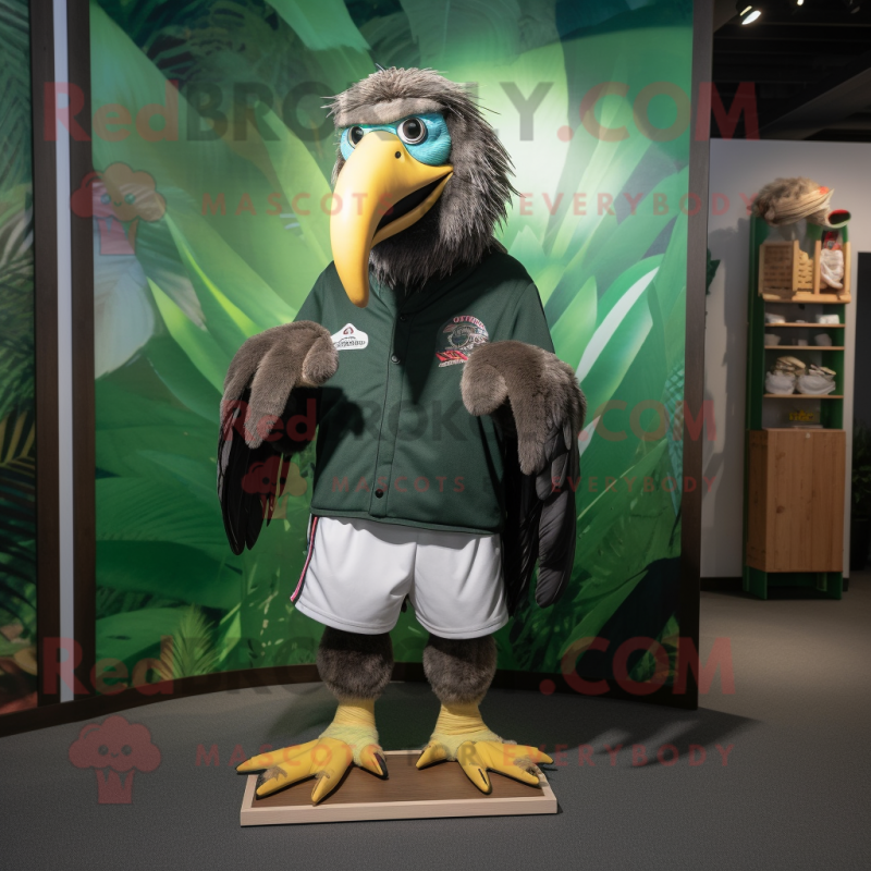 Forest Green Vulture mascot costume character dressed with a Board Shorts and Shoe laces