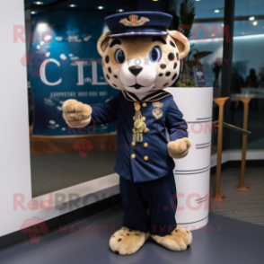 Navy Cheetah mascot costume character dressed with a Sheath Dress and Caps