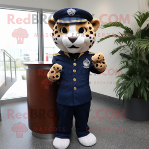 Navy Cheetah mascot costume character dressed with a Sheath Dress and Caps