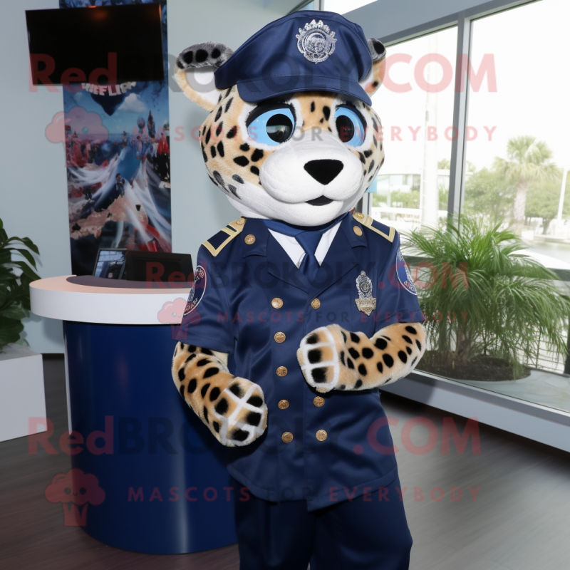 Navy Cheetah mascot costume character dressed with a Sheath Dress and Caps Navy Cheetah mascot costume character dressed with a Sheath Dress and Caps