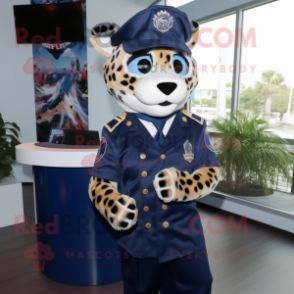 Navy Cheetah mascot costume character dressed with a Sheath Dress and Caps