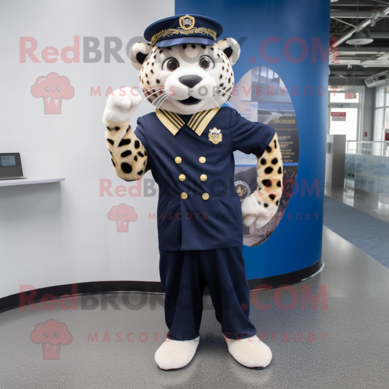 Navy Cheetah mascot costume character dressed with a Sheath Dress and Caps