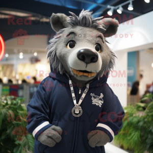 Navy Wild Boar mascot costume character dressed with a Hoodie and Necklaces