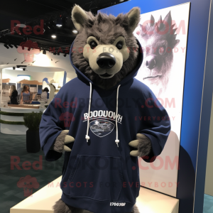 Navy Wild Boar mascot costume character dressed with a Hoodie and Necklaces