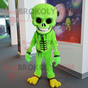 Lime Green Skull mascot costume character dressed with a Capri Pants and Hair clips