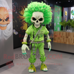Lime Green Skull mascot costume character dressed with a Capri Pants and Hair clips