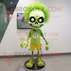 Lime Green Skull mascot costume character dressed with a Capri Pants and Hair clips
