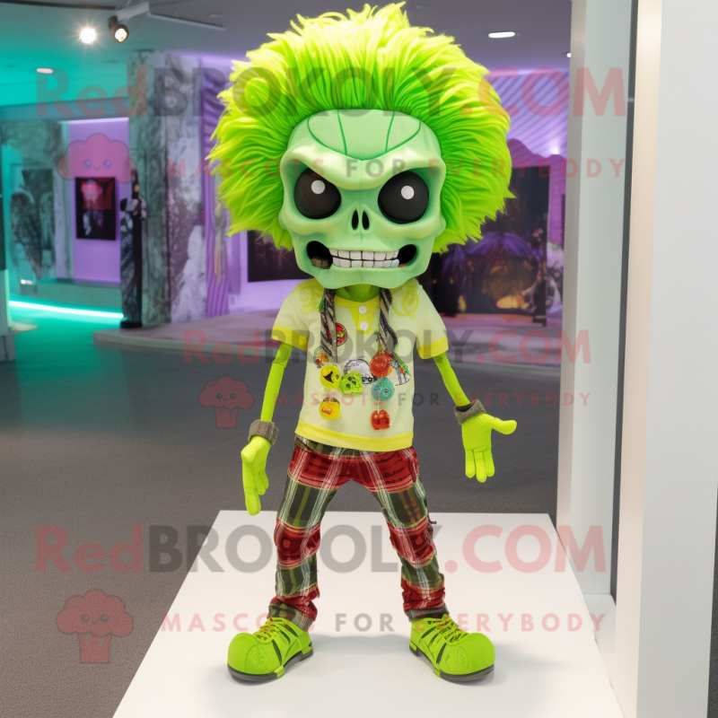 Lime Green Skull mascot costume character dressed with a Capri Pants and Hair clips