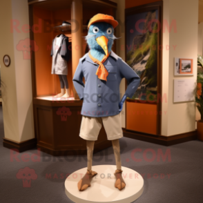 nan Passenger Pigeon mascot costume character dressed with a Running Shorts and Hat pins