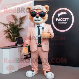 Peach Panther mascot costume character dressed with a Suit Jacket and Smartwatches