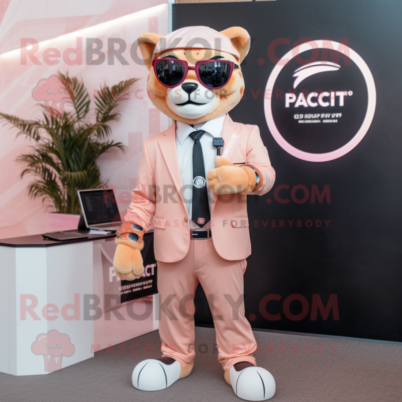 Peach Panther mascot costume character dressed with a Suit Jacket and Smartwatches Peach Panther mascot costume character dressed with a Suit Jacket and Smartwatches