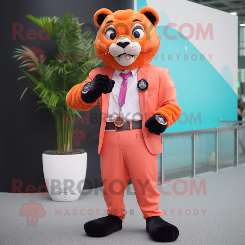 Peach Panther mascot costume character dressed with a Suit Jacket and Smartwatches