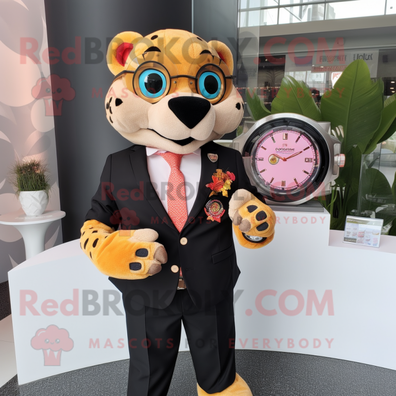 Peach Panther mascot costume character dressed with a Suit Jacket and Smartwatches