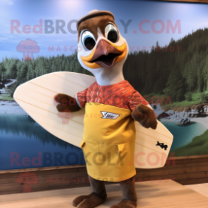 Brown Woodpecker mascot costume character dressed with a Board Shorts and Bow ties