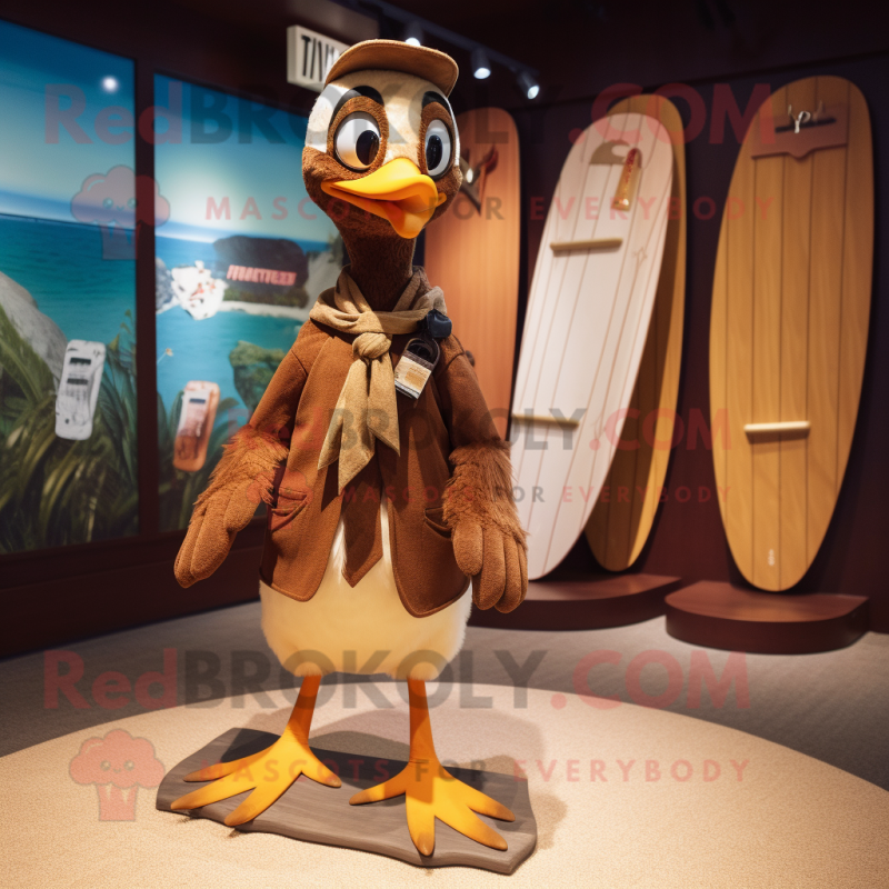 Brown Woodpecker mascot costume character dressed with a Board Shorts and Bow ties