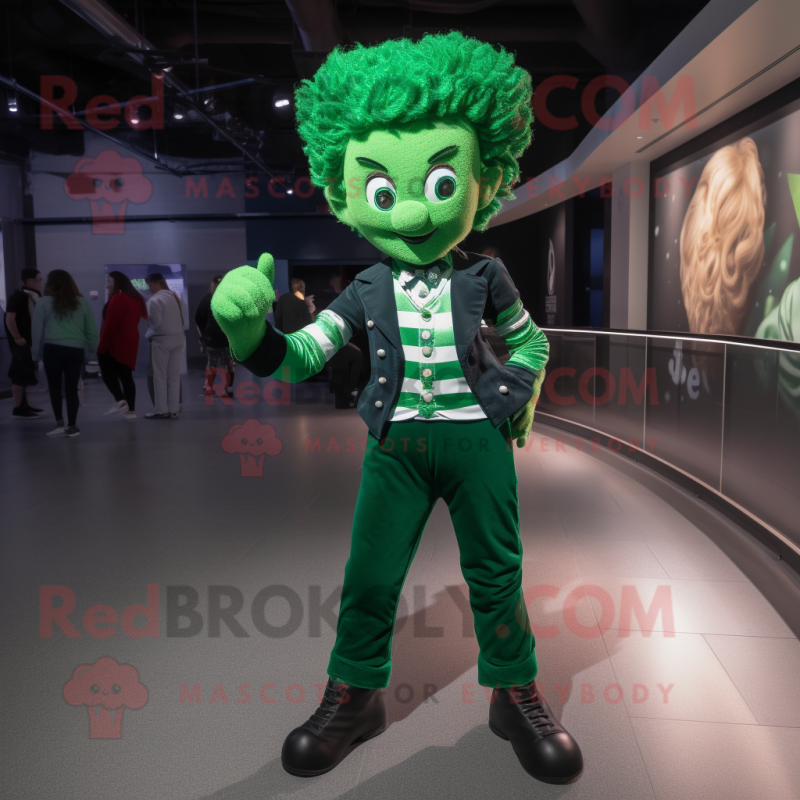 Green Irish Dancer mascot costume character dressed with a Skinny Jeans and Tie pins Green Irish Dancer mascot costume character dressed with a Skinny Jeans and Tie pins