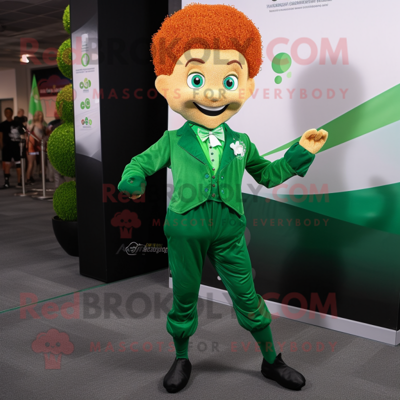 Green Irish Dancer mascot costume character dressed with a Skinny Jeans and Tie pins Green Irish Dancer mascot costume character dressed with a Skinny Jeans and Tie pins