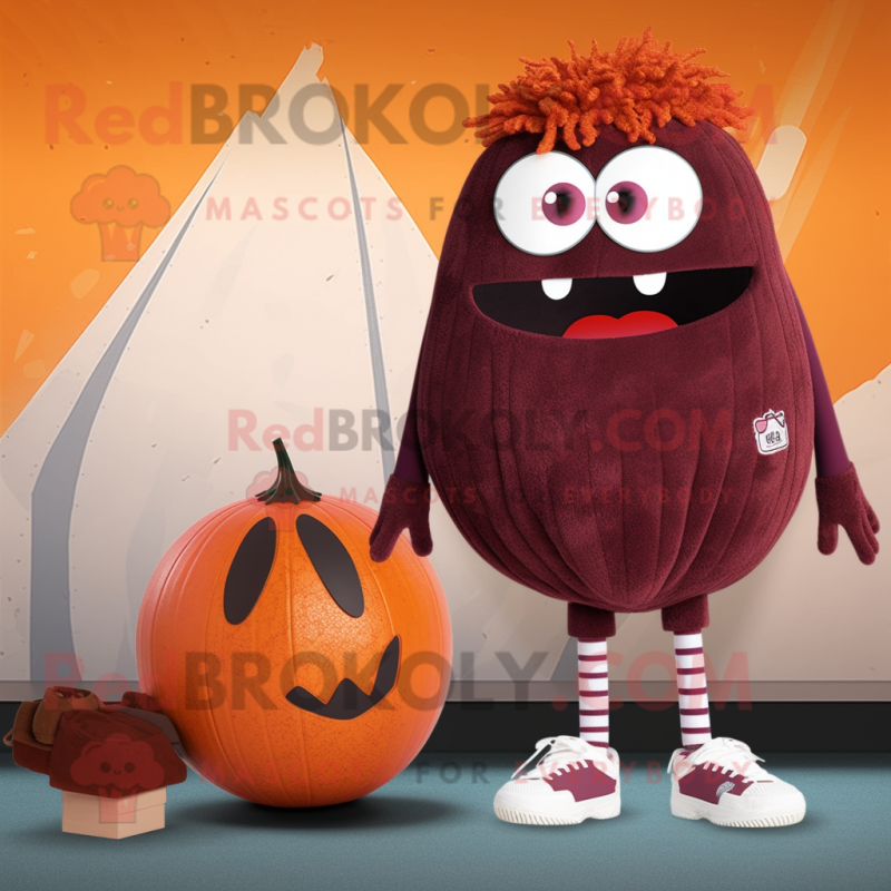 Maroon Pumpkin mascot costume character dressed with a One-Piece Swimsuit and Foot pads