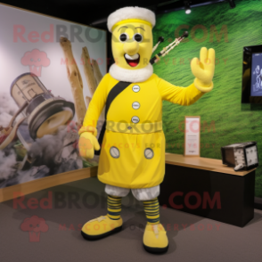Lemon Yellow Bagpipe mascot costume character dressed with a Long Sleeve Tee and Gloves