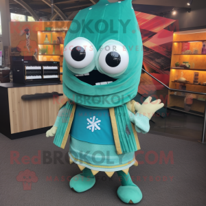 Teal Enchiladas mascot costume character dressed with a Playsuit and Scarf clips