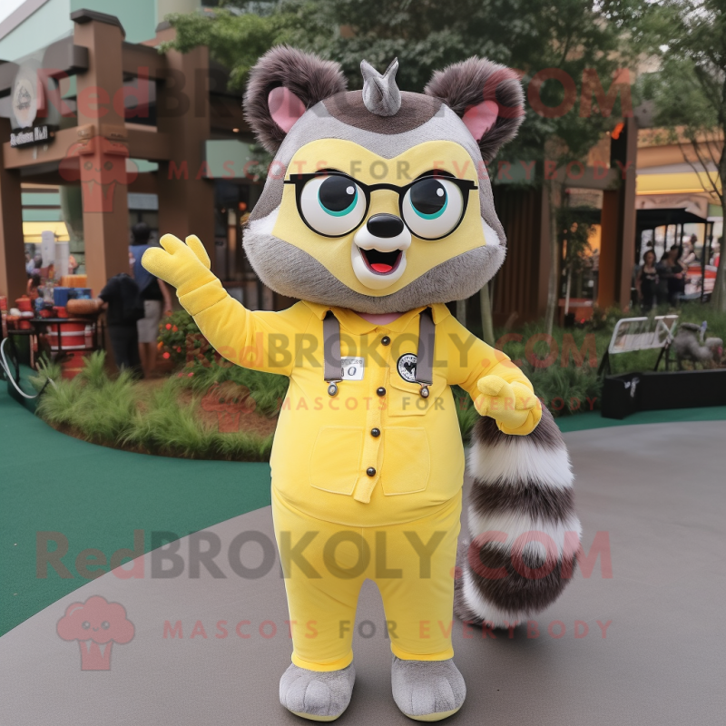 Lemon Yellow Raccoon mascot costume character dressed with a Mom Jeans and Bracelets