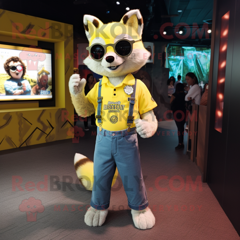 Lemon Yellow Raccoon mascot costume character dressed with a Mom Jeans and Bracelets