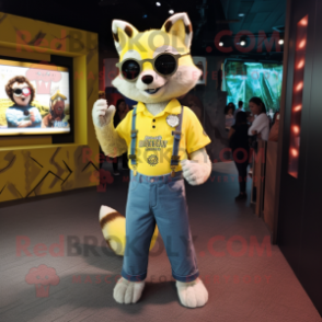 Lemon Yellow Raccoon mascot costume character dressed with a Mom Jeans and Bracelets