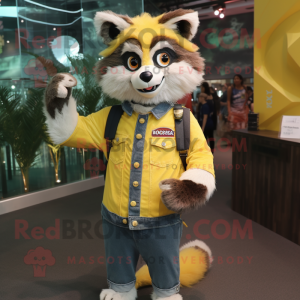 Lemon Yellow Raccoon mascot costume character dressed with a Mom Jeans and Bracelets