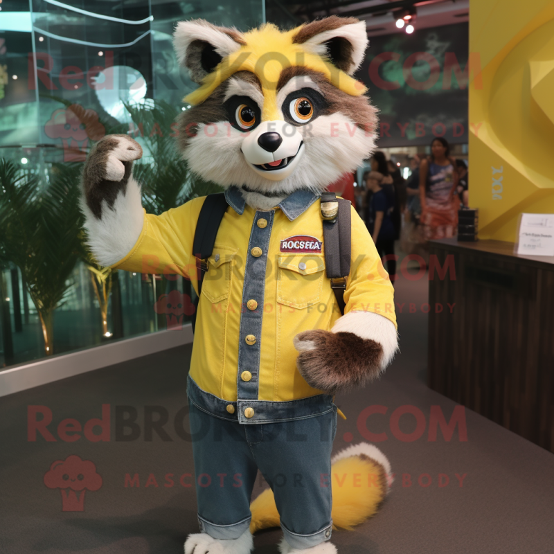 Lemon Yellow Raccoon mascot costume character dressed with a Mom Jeans and Bracelets