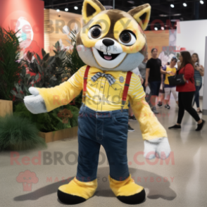 Lemon Yellow Raccoon mascot costume character dressed with a Mom Jeans and Bracelets