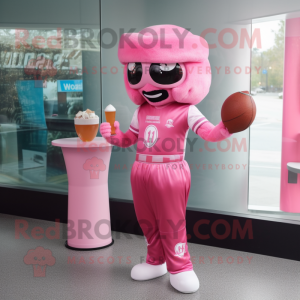 Pink American Football Helmet mascot costume character dressed with a Cocktail Dress and Gloves