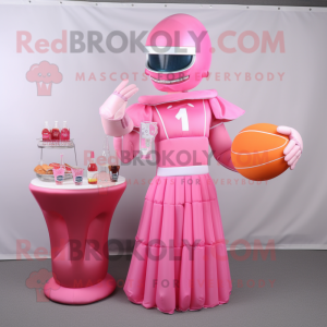 Pink American Football Helmet mascot costume character dressed with a Cocktail Dress and Gloves