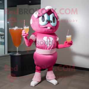 Pink American Football Helmet mascot costume character dressed with a Cocktail Dress and Gloves